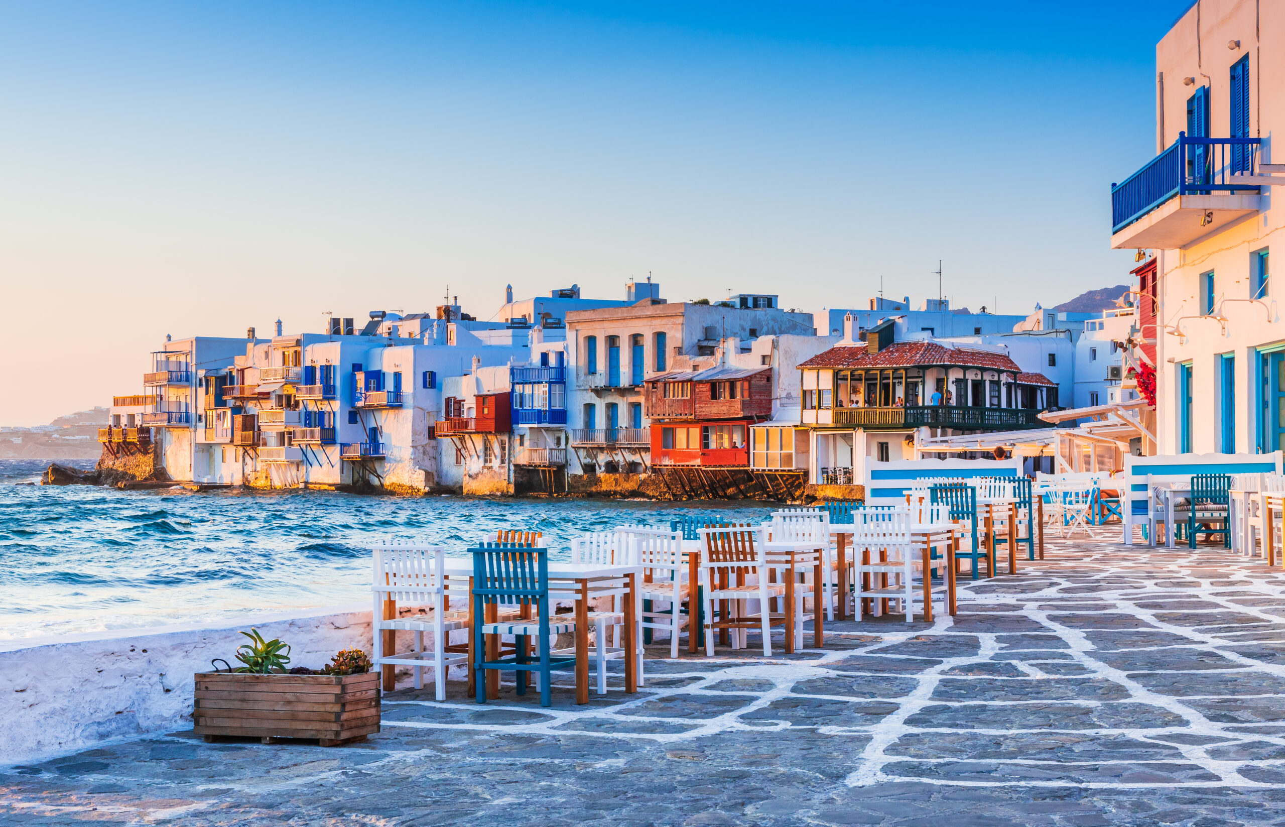 Mykonos,,Greece.,Waterfront,In,Little,Venice,,Mykonos,At,Sunset.