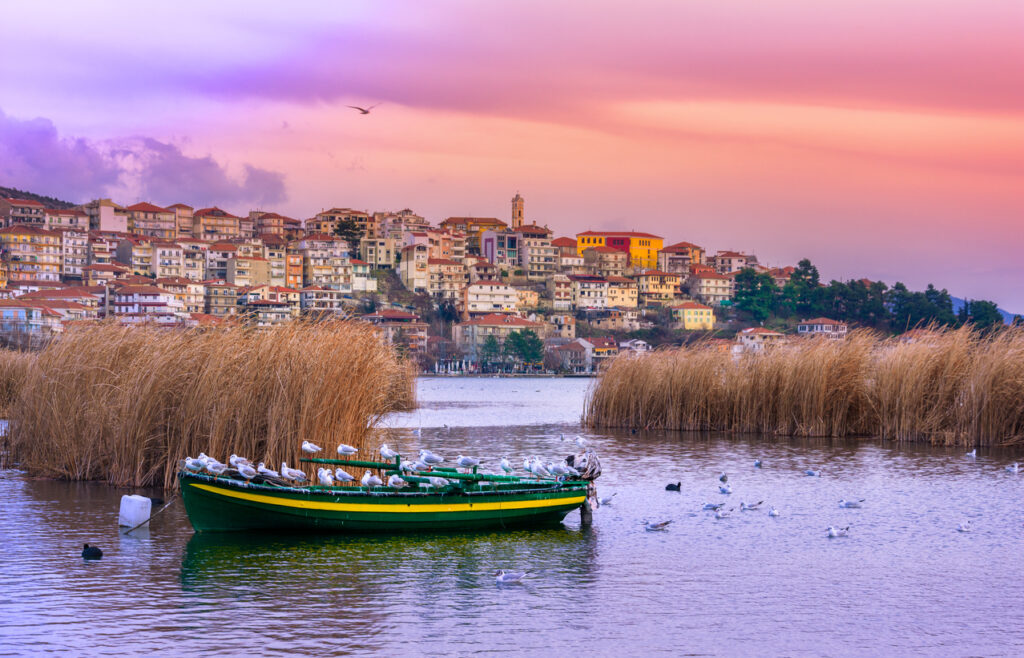 View of Kastoria town and Orestiada (or “Orestias”) lake, Macedonia, Greece.