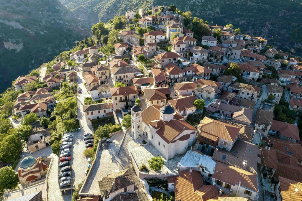Aerial,View,Of,The,Historical,Village,Dimitsana,With,The,Traditional