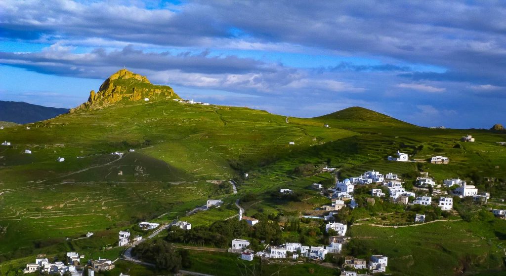 Landscape and villages, island of Tinos, Cyclades archipelago, Greece