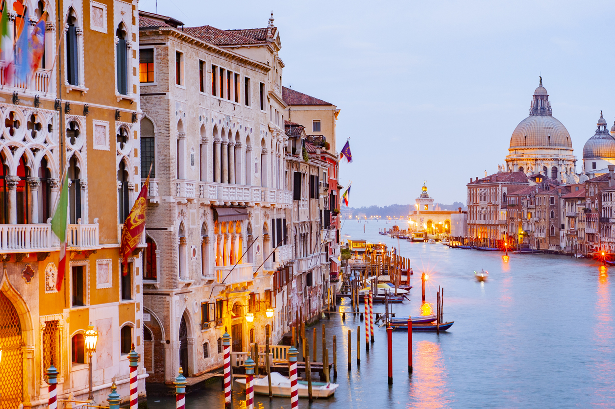 The Basilica Santa Maria della Salute and the Grand Canal, Venice, Italy.