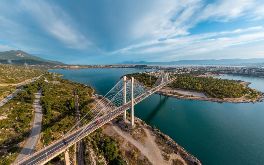 Aerial panoramic photo of The bridge and the city of Halkida, Chalkida in Evia, Greece
