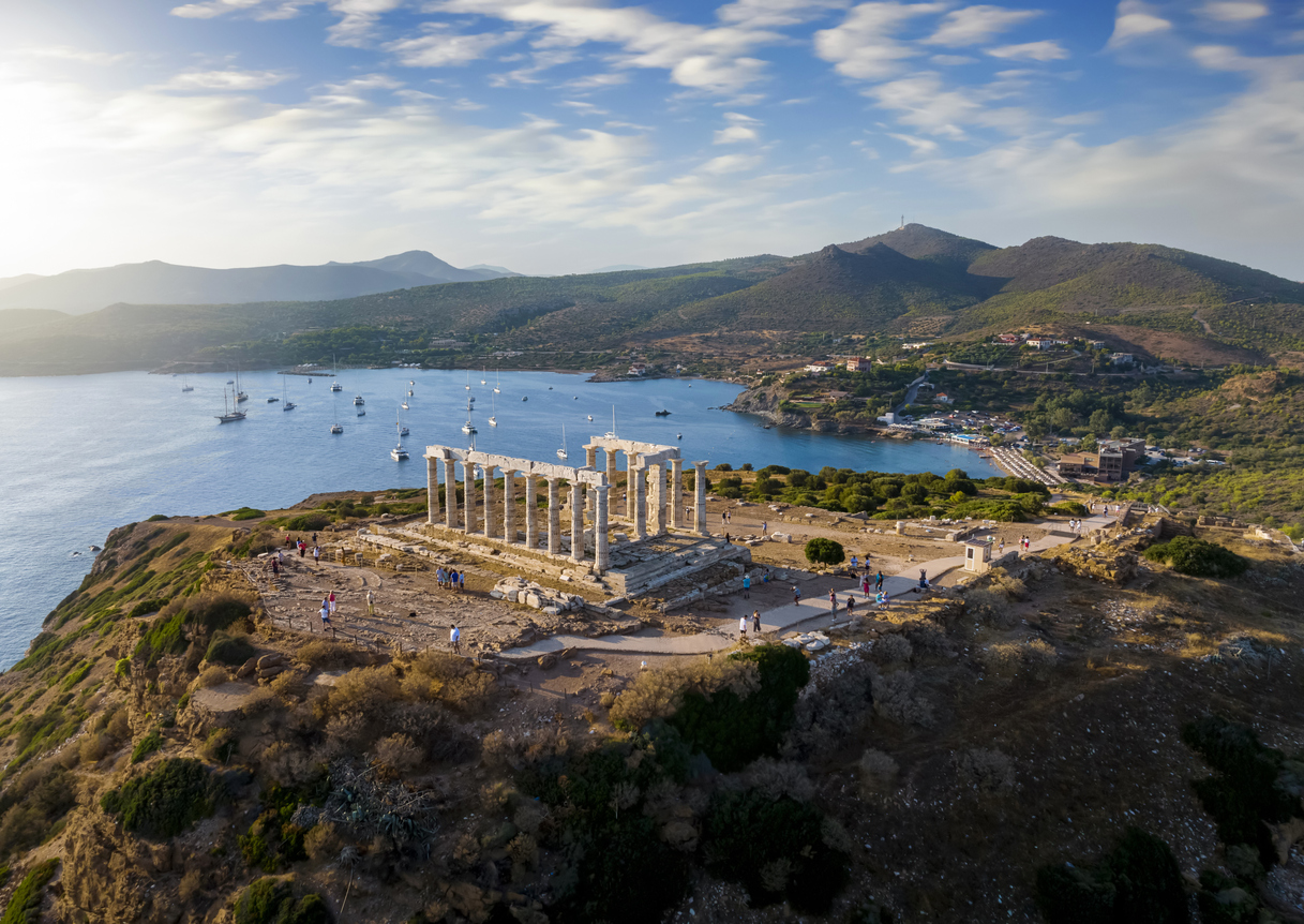 Aerial view of the beach and Temple of Poseidon at Cape Sounion