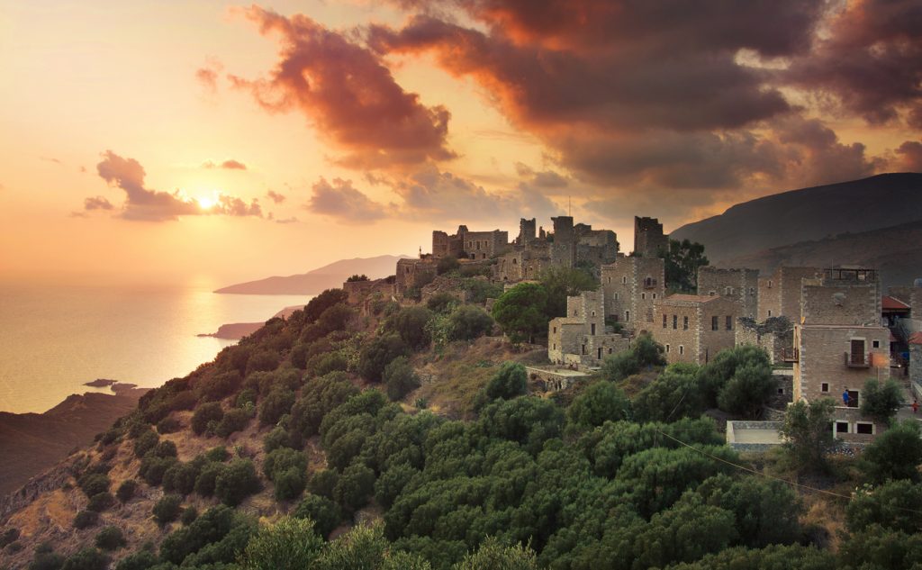 View of the picturesque medieval village of Vatheia with towers, Lakonia, Peloponnese, Greece.