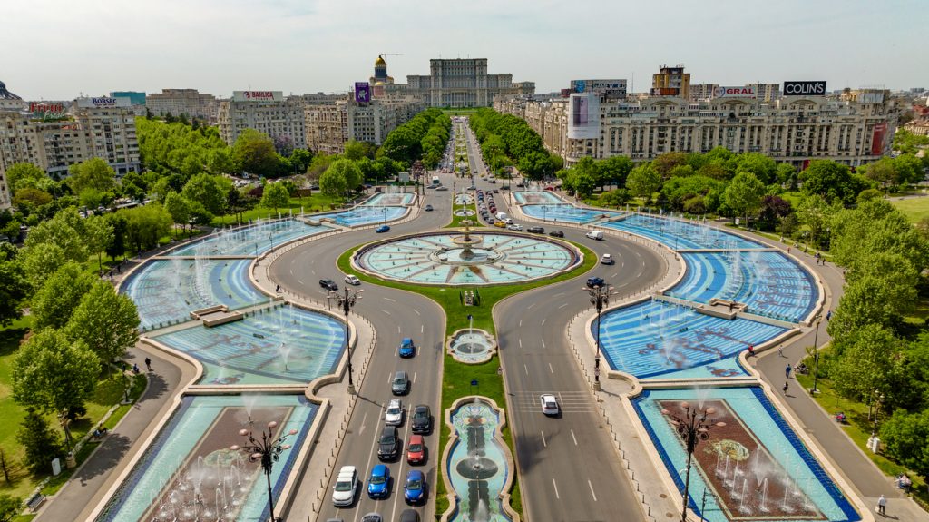 Aerial view of Unirii Square, Bucharest Romania on a sunny day.