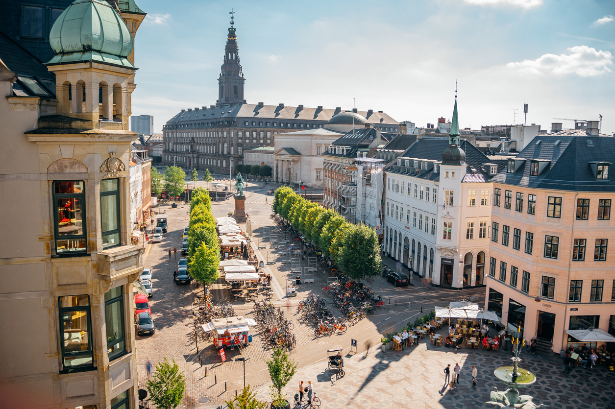 Roof view of Stroget – the most famous shopping area in Copenhagen full of visitors