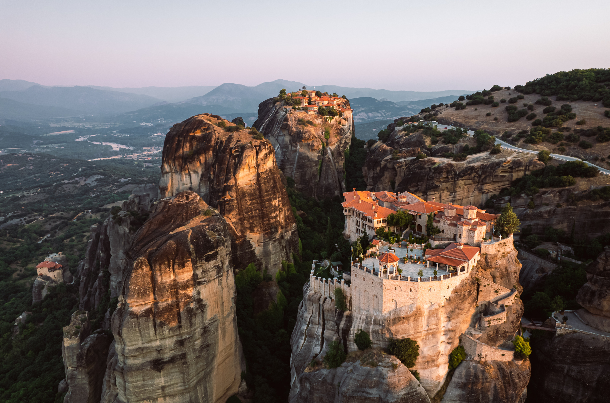 Aerial Drone View of Monastery in Meteora, Greece Golden Hour Sunset Sunrise