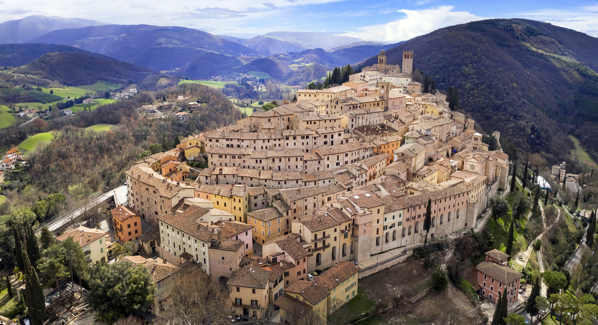 Italy, Umbria region most scenic places. beautifull Medieval village Nocera Umbra, Perugia region. Aerial drone panoramic view
