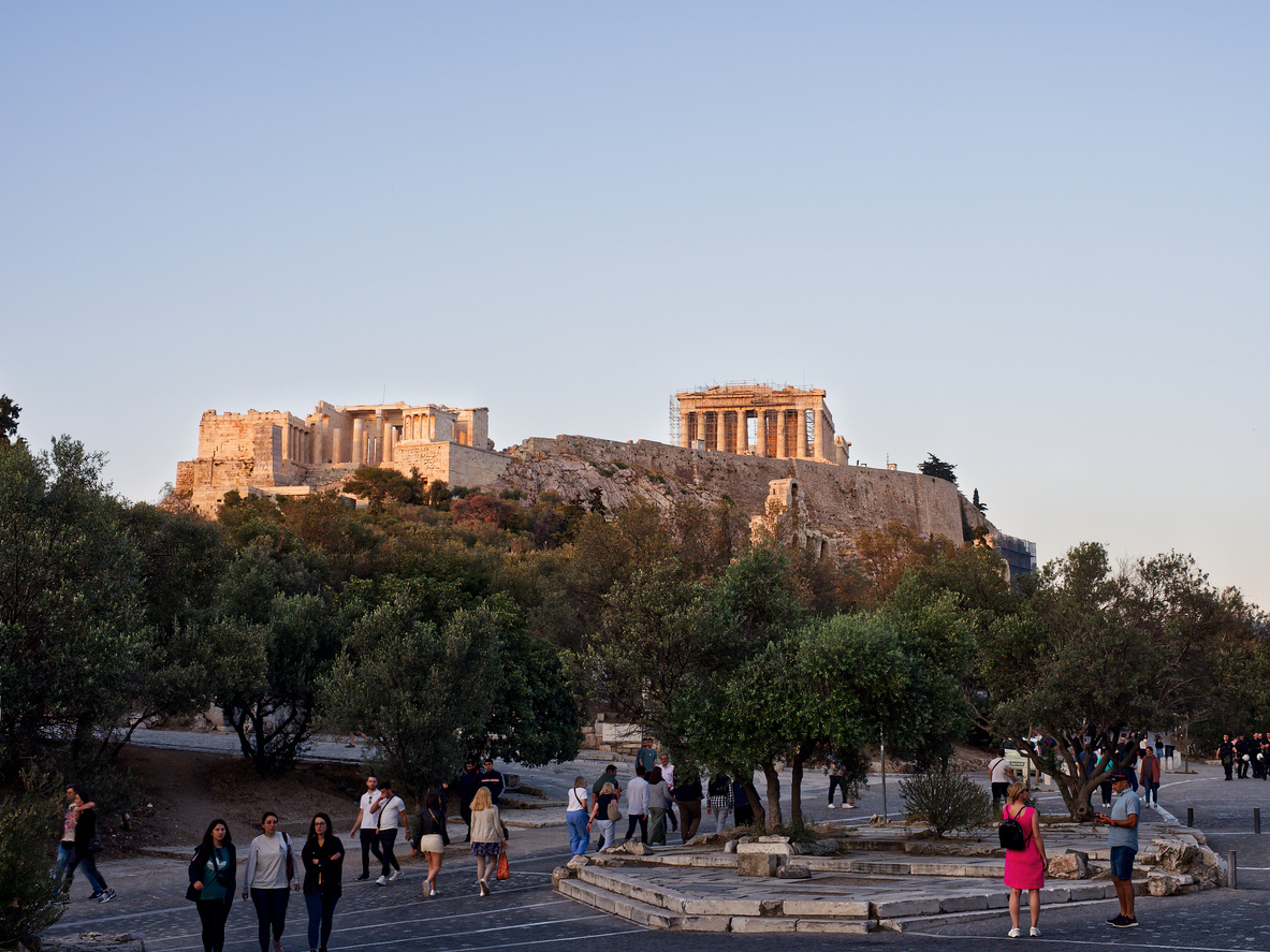 Acropolis hill view with Parthenon over Dionysiou Areopagitou street, Athens, Greece